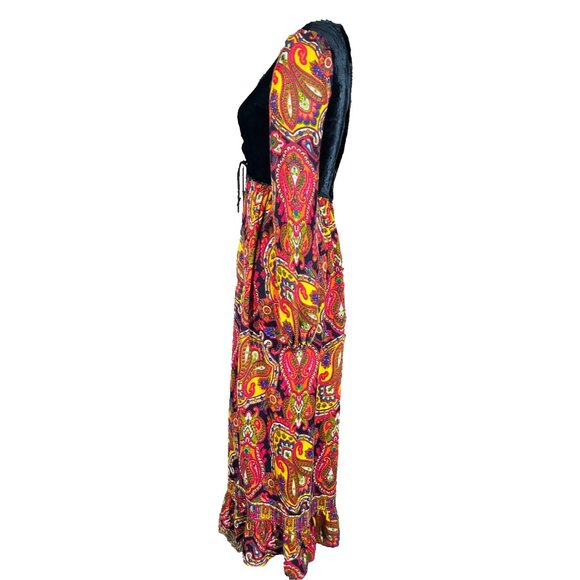 RARE 70s Vintage Young Innocent Maxi Corset Prairie Dress Bright Paisley Velvet - Picture 4 of 8